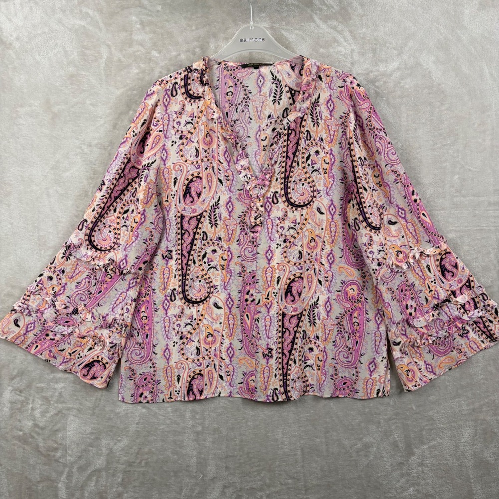 Kobi Halperin Celia Pink Paisley 100% Silk Ruffle Bell Sleeve Blouse L Boho Chic